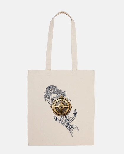 Bolsa sirena entrelazada con un ancla, rosa de los vientos, orientación, ubicación,