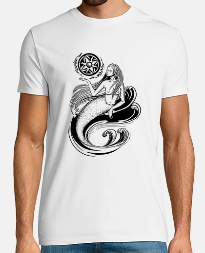 Tee-shirt sirène avec une boussole rose des vents, marin, rare dessin d artiste , 