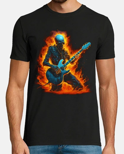 T-shirt skeleton guitar halloween rock fire gutarist heavy metal