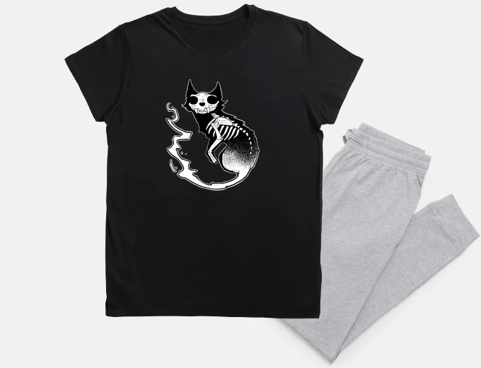 Pajama skull black cat dark halloween dotwork 