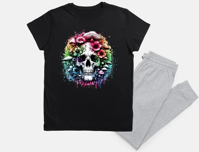 Pyjama Skull Overgrown Flowers Mushrooms