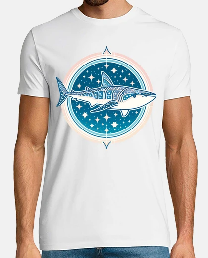 T-shirt squalo balena blu kawaii tra le stelle