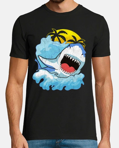 T-shirt squalo spiaggia palme animali marini oceano estate surfista