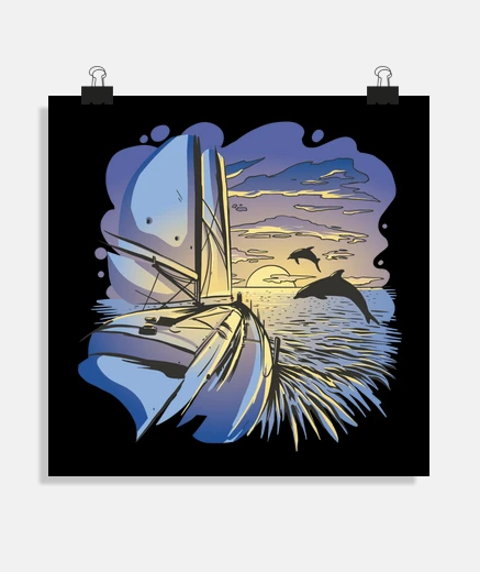 Poster square poster dolphin dance in front of the boat at sunset. rare and collector artist design
