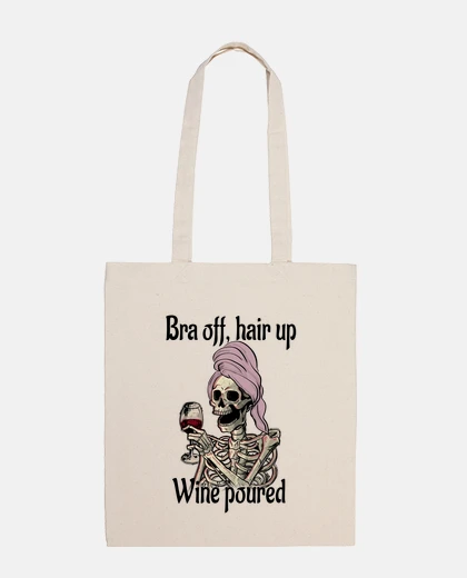 Sac squelette femme buvant du vin sac fourre-tout cheveux au vent 