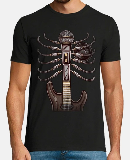 Tee-shirt squelette microphone guitare électrique câbles micro technique son rock