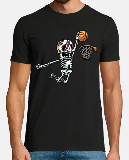 Tee-shirt squelette sugar skull jouant au basket