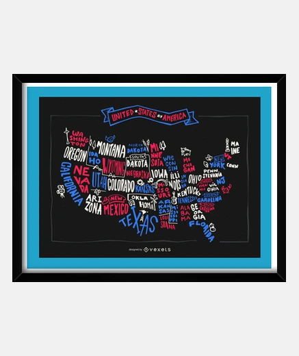 Framed states of the usa, written on the map of america, collector.