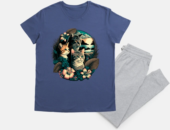 Pyjama surf chats hawaii plages fleurs hibiscus palmiers