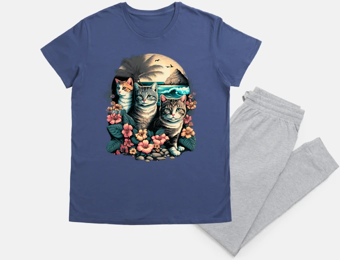 Pyjama surf chats plages hawaïennes fleurs hibiscus palmiers