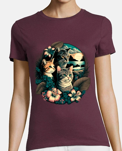 T-shirt surfing cats hawaiian beaches flowers hibiscus palm trees