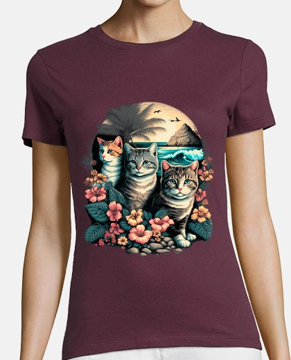 T-shirt surfing cats hawaiian beaches flowers hibiscus palm trees
