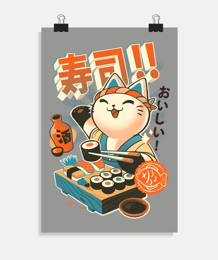 Poster sushi chef - cute kitchen kitty - japan