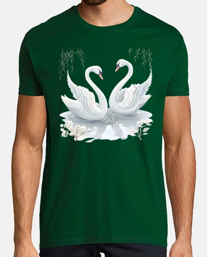 T-shirt swans in courtship display on the lake dancer