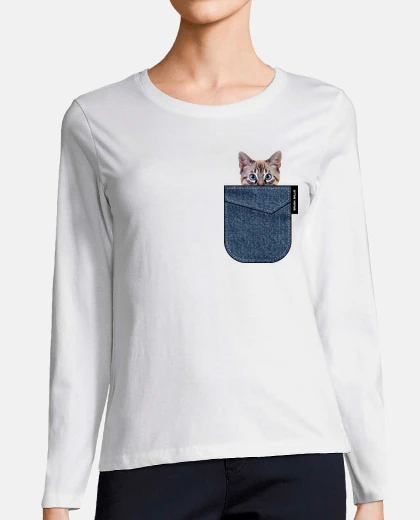 T-shirt t- t-shirt da donna con taschino gatto