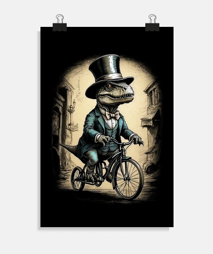 Poster t-rex dinosaur on bike belle epoque poster bedroom living room vintage bicycle