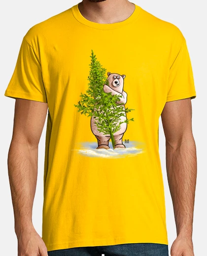 T-shirt t-shirt gialla di base orso con albero 001