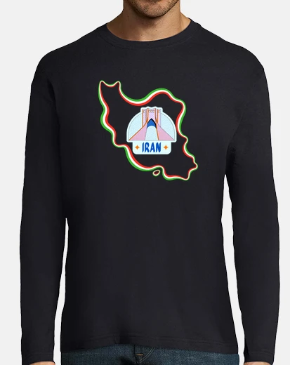 T-shirt t-shirt manica lunga, uomo, bandiera iran, mappa e simbolo