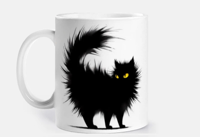 Taza taza de humor de gato negro enojado con volantes para personalizar café té croissants infusión té de