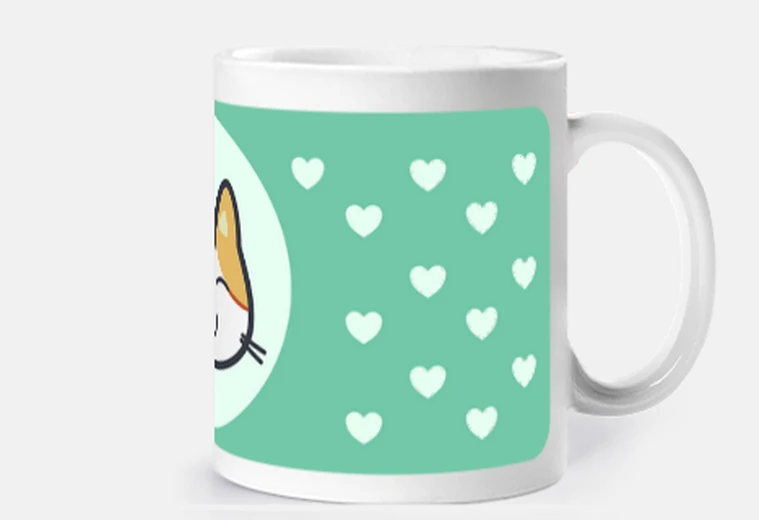 Taza Taza gatita tricolor y corazones en color menta