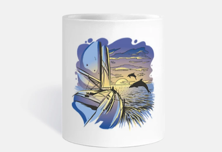 Tazza tazza, danza dei delfini davanti alla barca al tramonto. design artistico raro e da collezione
