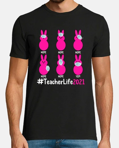 Tee-shirt Teacher Easter Shirt Funny Teacher Life 2021 Cute Bunny Wearing Face Mask Eggs Distance Learning Gif