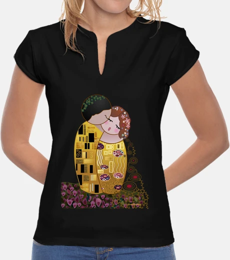 Tee-shirt Tee shirt col mao Kokeshi Le baiser de Klimt cadeau original saint valentin femme