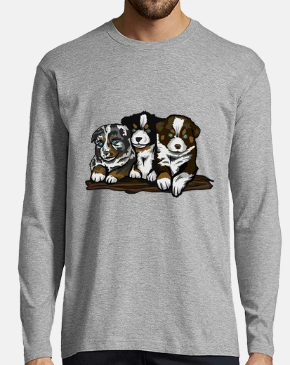 T-shirt tee shirt da uomo, maniche lunghe, cuccioli, bebè , pastore australiano, proveniente da una fattoria