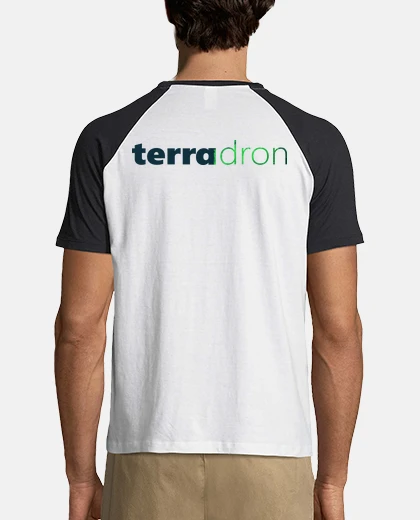 Camiseta Terradron drone pilot. Delante y detrás. Hombre, estilo béisbol, blanca y azul marino