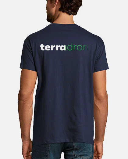 Camiseta Terradron drone pilot. Delante y detrás. Hombre, manga corta, azul marino, calidad extra