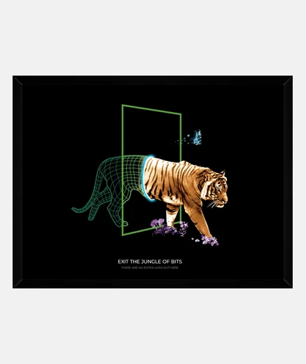Framed tiger out binary, science fiction tiger, rare art drawing.