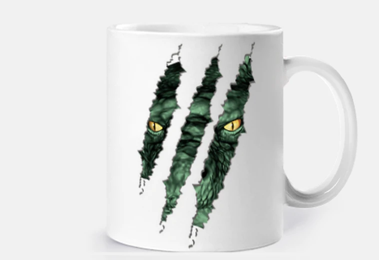 Cup torn scratch dragon green face head