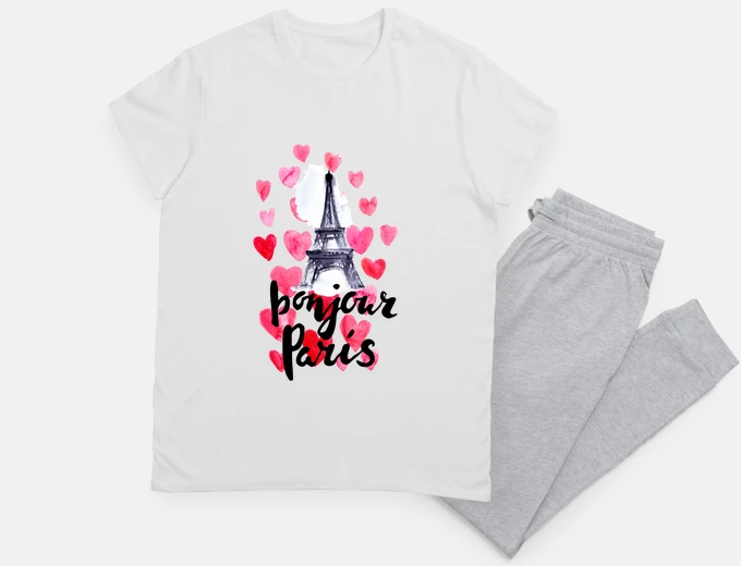 Pyjama Tour Eiffel, Bonjour Paris , coeurs, nuisette ,shirt de nuit, lingerie de nuit ,  location, colocati
