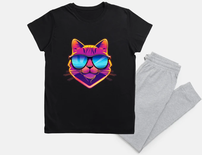 Pigiama trendy gatto synthwave con occhiali da 