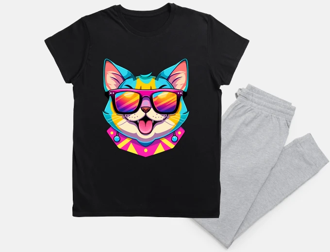 Pigiama trendy gatto synthwave con occhiali da 