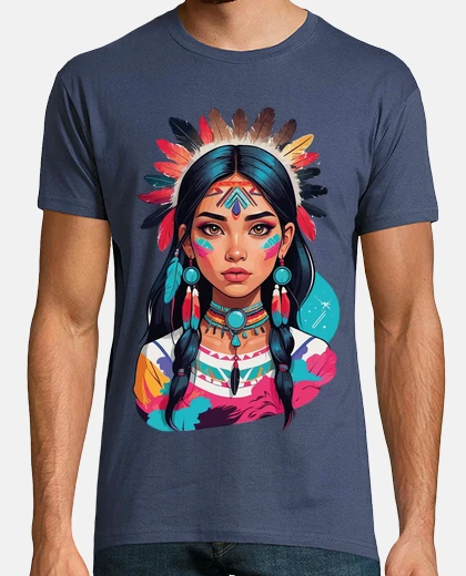 T-shirt tribù indiana molto bella con la ragazza di grazia di bellezza delle piume