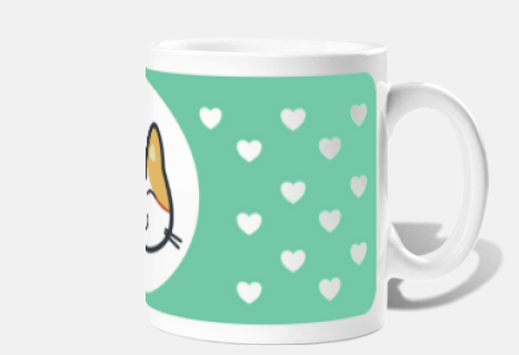 tricolor kitten and mint hearts mug