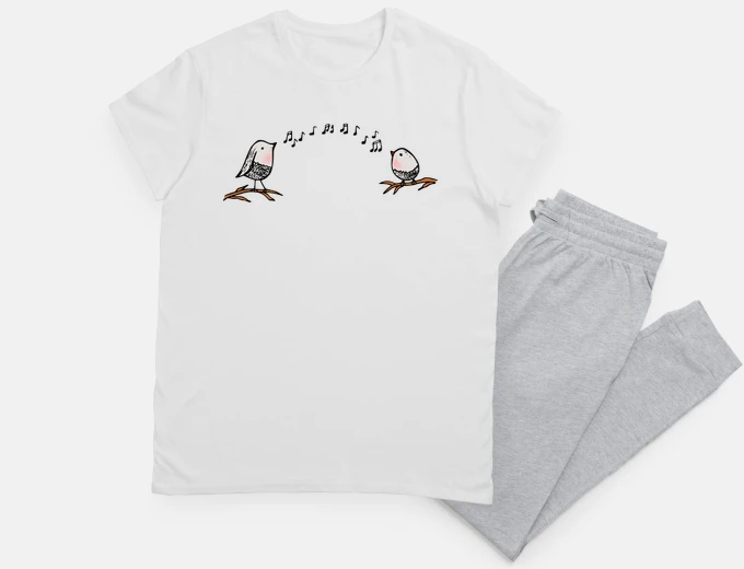 Pajama two finches sing in unison, nightie, chirp