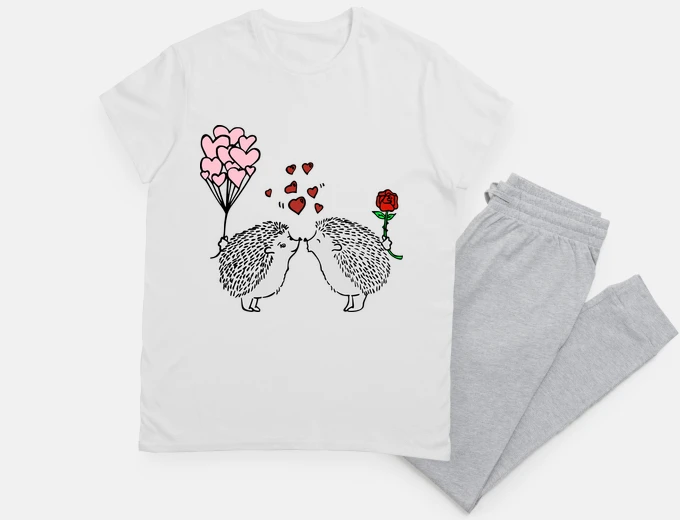 Pajama two little hedgehogs in love, nightie, heart, romantic drawing