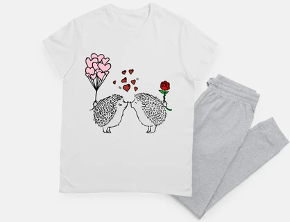 two little hedgehogs in love, nightie, heart, romantic drawing