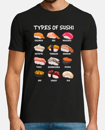 Tee-shirt types de sushi nourriture japonaise kawaii japon anime otaku manga en anglais