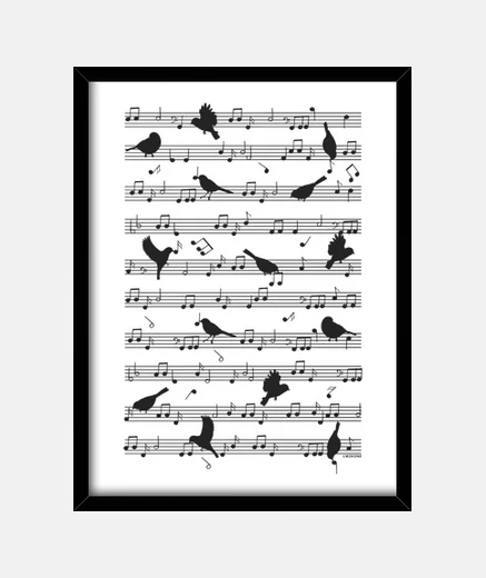 Quadro uccelli su note musicali - nero