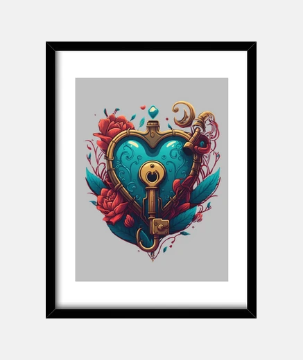 Cadre Une clé en forme de coeur et cadenas