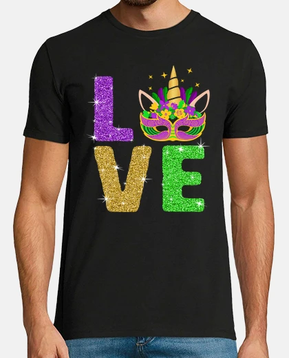 Tee-shirt Unicorn Mardi Gras Masquerade Mask Love New Orleans Carnival Purple Yellow Green Glitter Girls Gift