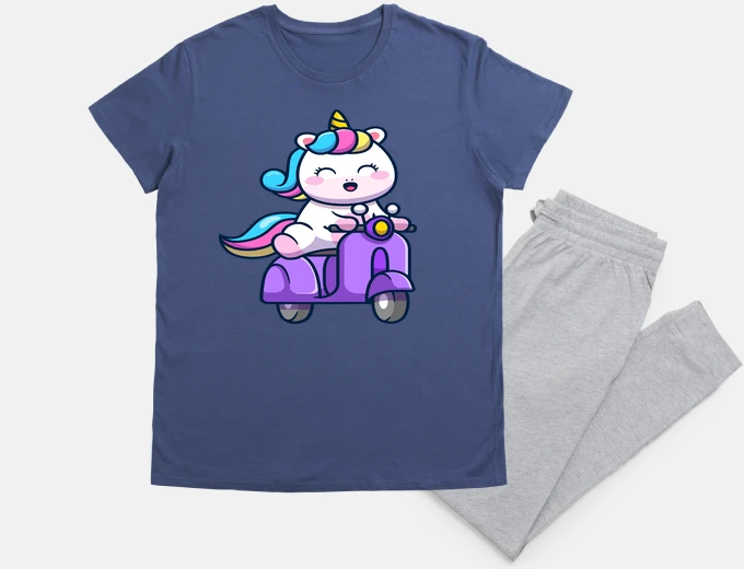 Pyjama unicorn on a scooter