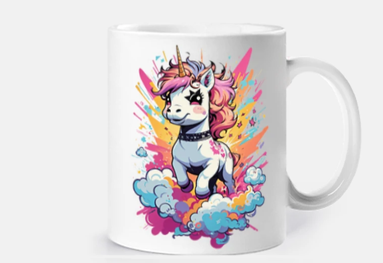 Cup unicorn on clouds stars flash cup coffee tea cocoa milk croissants spread herbal tea infusion