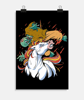unicorn knocking out a zombie, poster, science fiction,