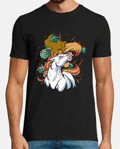 Camiseta unicornio noqueando a un zombi, dibujo de artista raro,
