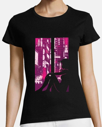 Tee-shirt vaporwave anime fille cyberpunk silhout