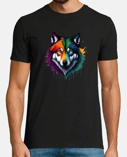 T-shirt vibrante testa di lupo cane multicolore